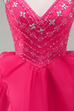 A-Line Hot Pink Rhinestone Ruffle Short Homecoming Dress with Beading