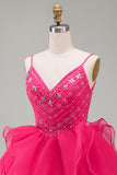 A-Line Hot Pink Rhinestone Ruffle Short Homecoming Dress with Beading