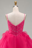 A-Line Hot Pink Rhinestone Ruffle Short Homecoming Dress with Beading