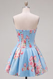 Satin A-Line Blue Sweetheart Floral Corset Homecoming Dress