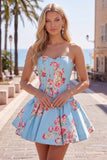 Satin A-Line Blue Sweetheart Floral Corset Homecoming Dress