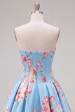 Satin A-Line Blue Sweetheart Floral Corset Homecoming Dress