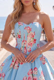 Satin A-Line Blue Sweetheart Floral Corset Homecoming Dress