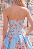 Satin A-Line Blue Sweetheart Floral Corset Homecoming Dress