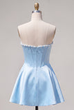 Sweetheart Fuchsia Pearls Corset A-Line Satin Homecoming Dress