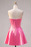 Sweetheart Fuchsia Pearls Corset A-Line Satin Homecoming Dress