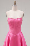 Sweetheart Fuchsia Pearls Corset A-Line Satin Homecoming Dress