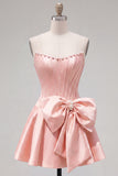 Peach Pink Satin Strapless Corset A-Line Pearls Homecoming Dress with Bow