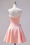 Peach Pink Satin Strapless Corset A-Line Pearls Homecoming Dress with Bow