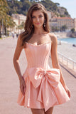 Peach Pink Satin Strapless Corset A-Line Pearls Homecoming Dress with Bow