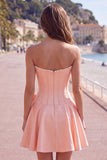Peach Pink Satin Strapless Corset A-Line Pearls Homecoming Dress with Bow