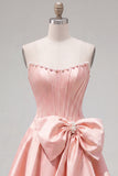 Peach Pink Satin Strapless Corset A-Line Pearls Homecoming Dress with Bow