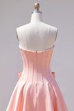 Peach Pink Satin Strapless Corset A-Line Pearls Homecoming Dress with Bow
