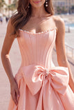 Peach Pink Satin Strapless Corset A-Line Pearls Homecoming Dress with Bow