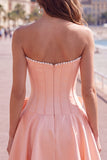 Peach Pink Satin Strapless Corset A-Line Pearls Homecoming Dress with Bow