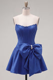Peach Pink Satin Strapless Corset A-Line Pearls Homecoming Dress with Bow