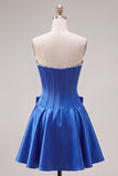 Peach Pink Satin Strapless Corset A-Line Pearls Homecoming Dress with Bow