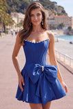 Peach Pink Satin Strapless Corset A-Line Pearls Homecoming Dress with Bow