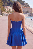 Peach Pink Satin Strapless Corset A-Line Pearls Homecoming Dress with Bow