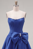Peach Pink Satin Strapless Corset A-Line Pearls Homecoming Dress with Bow