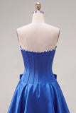 Peach Pink Satin Strapless Corset A-Line Pearls Homecoming Dress with Bow