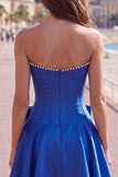Peach Pink Satin Strapless Corset A-Line Pearls Homecoming Dress with Bow