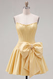 Peach Pink Satin Strapless Corset A-Line Pearls Homecoming Dress with Bow