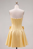 Peach Pink Satin Strapless Corset A-Line Pearls Homecoming Dress with Bow