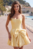 Peach Pink Satin Strapless Corset A-Line Pearls Homecoming Dress with Bow