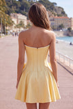 Peach Pink Satin Strapless Corset A-Line Pearls Homecoming Dress with Bow
