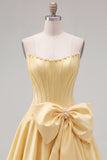 Peach Pink Satin Strapless Corset A-Line Pearls Homecoming Dress with Bow