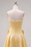 Peach Pink Satin Strapless Corset A-Line Pearls Homecoming Dress with Bow