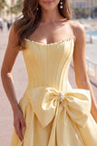 Peach Pink Satin Strapless Corset A-Line Pearls Homecoming Dress with Bow