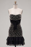 Black Strapless Bodycon Pearl Ruffled Homecoming Dress with Bow