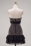 Black Strapless Bodycon Pearl Ruffled Homecoming Dress with Bow