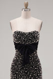 Black Strapless Bodycon Pearl Ruffled Homecoming Dress with Bow