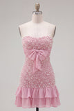 Pink Strapless Tight Ruffle Pearl Short Homecoming Dress with Bow