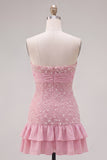 Pink Strapless Tight Ruffle Pearl Short Homecoming Dress with Bow