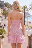 Pink Strapless Tight Ruffle Pearl Short Homecoming Dress with Bow
