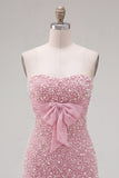 Pink Strapless Tight Ruffle Pearl Short Homecoming Dress with Bow