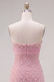 Pink Strapless Tight Ruffle Pearl Short Homecoming Dress with Bow