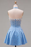 Blue Sweetheart Pearl Embellished Short Homecoming Dress with Choker and Bow