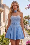 Blue Sweetheart Pearl Embellished Short Homecoming Dress with Choker and Bow