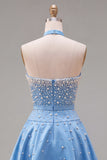 Blue Sweetheart Pearl Embellished Short Homecoming Dress with Choker and Bow