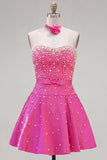 Blue Sweetheart Pearl Embellished Short Homecoming Dress with Choker and Bow