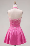 Blue Sweetheart Pearl Embellished Short Homecoming Dress with Choker and Bow