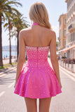 Blue Sweetheart Pearl Embellished Short Homecoming Dress with Choker and Bow