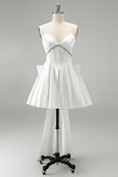 White Corset Satin Rhinestone A-Line Strapless Homecoming Dress with Back Giant Bow