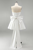 White Corset Satin Rhinestone A-Line Strapless Homecoming Dress with Back Giant Bow