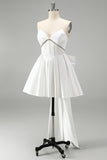 White Corset Satin Rhinestone A-Line Strapless Homecoming Dress with Back Giant Bow